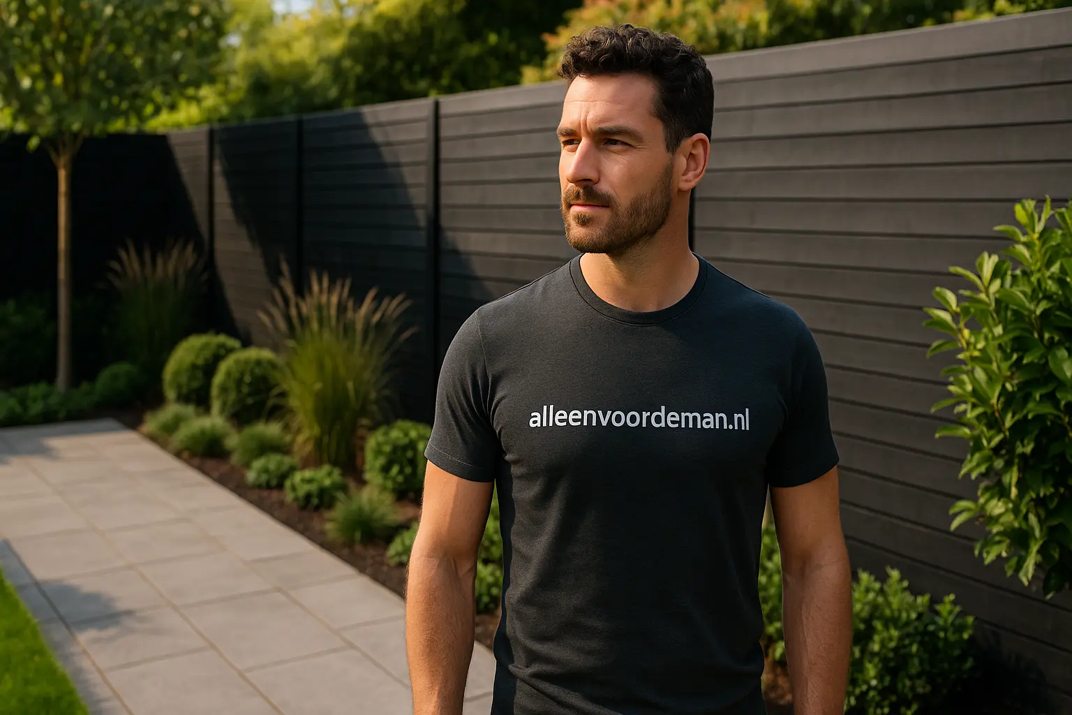 Man bij moderne schutting