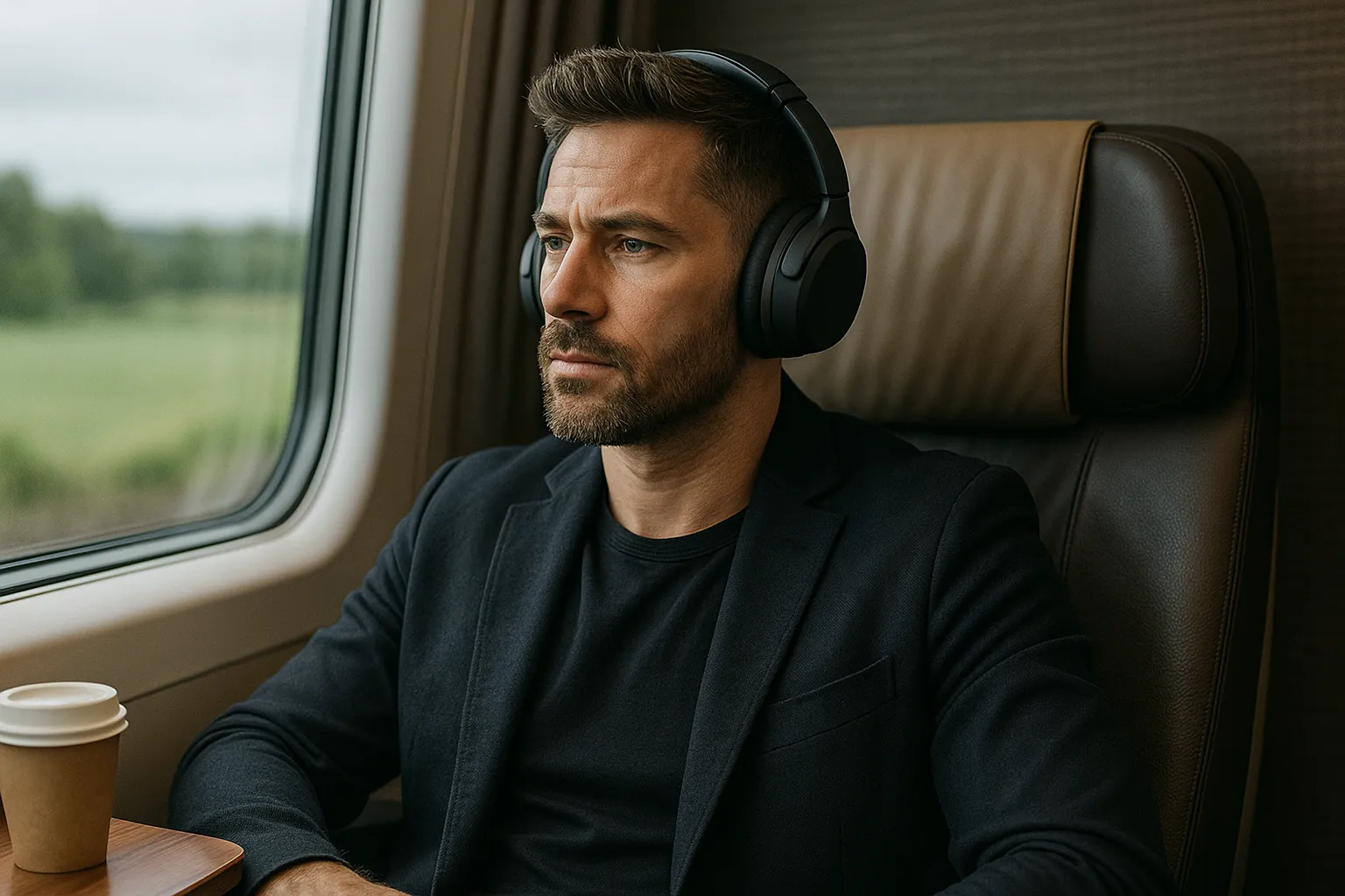 Man met draadloze koptelefoon in trein