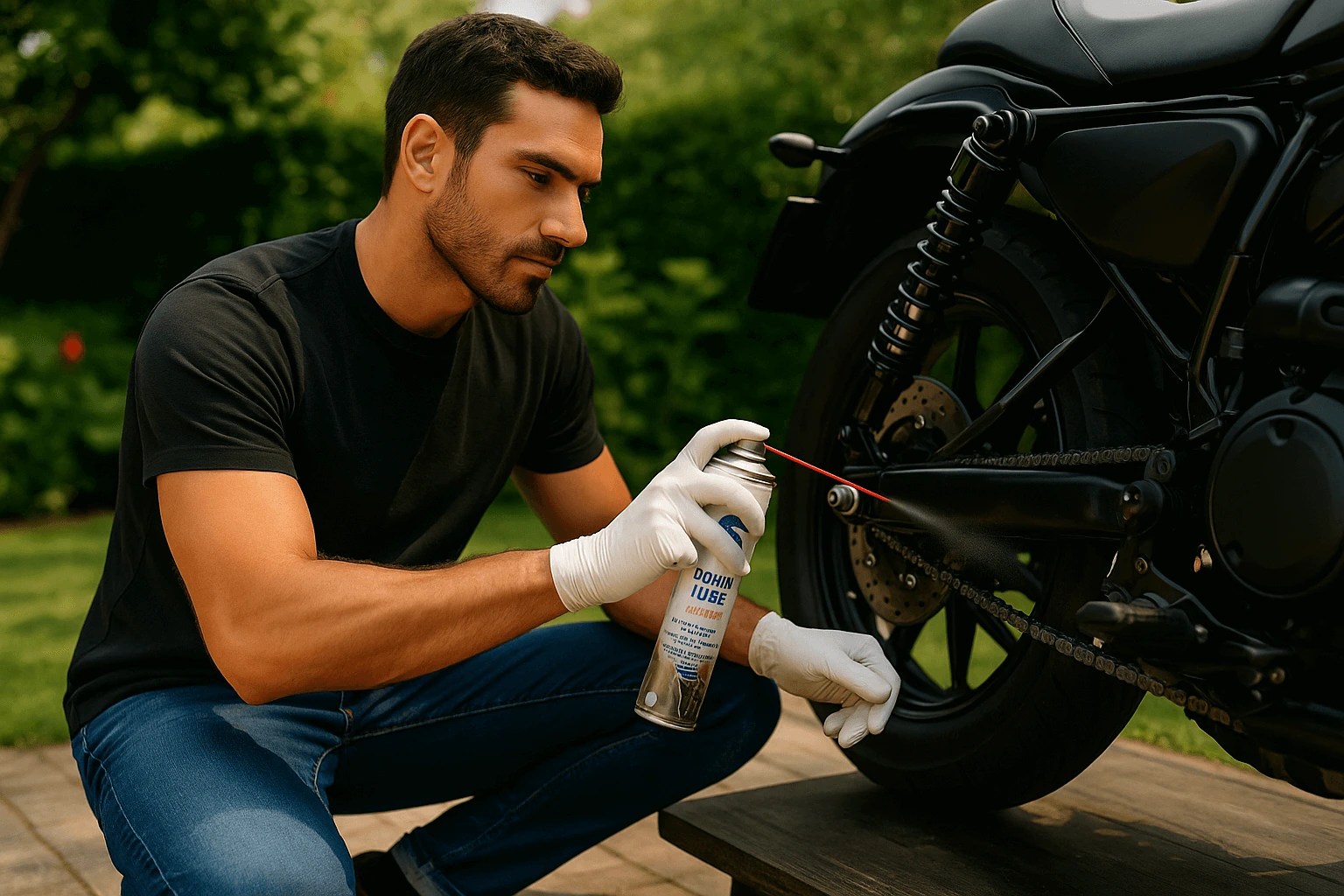man smeert olie op ketting motor