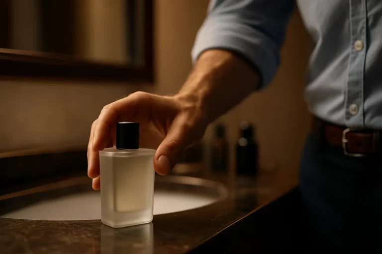Aftershave op badkamerkastje
