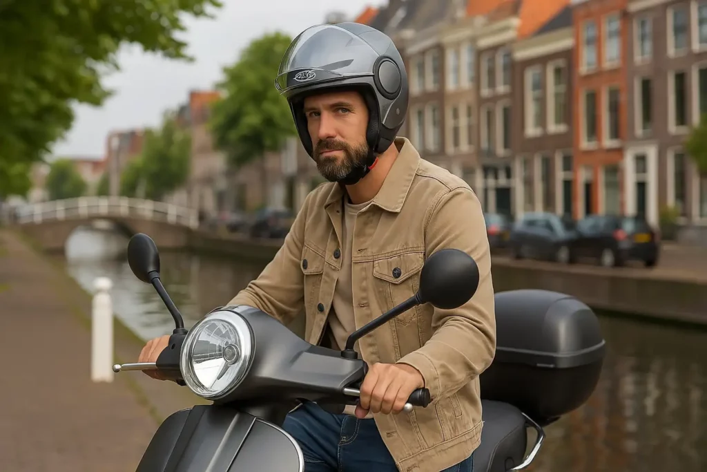 Man in casual outfit met scooterhelm op