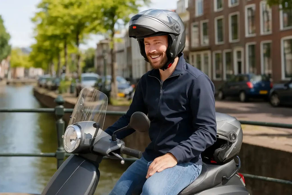 Man langs grachten met systeemhelm op