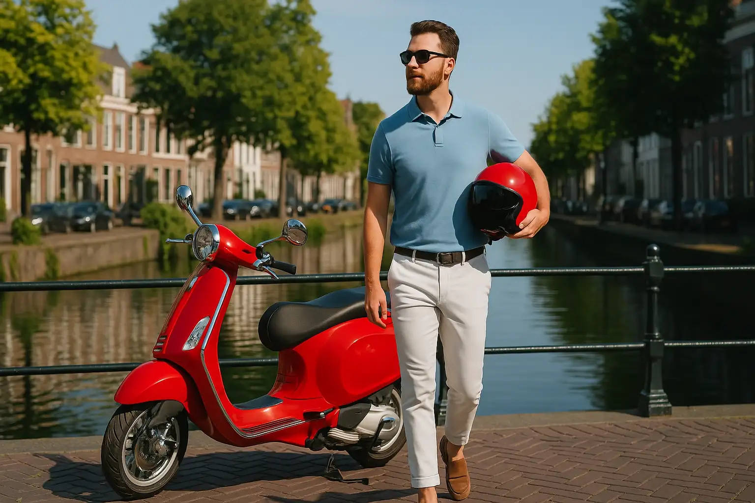 Man staat naast scooter met motorhelm bij Leidse gracht
