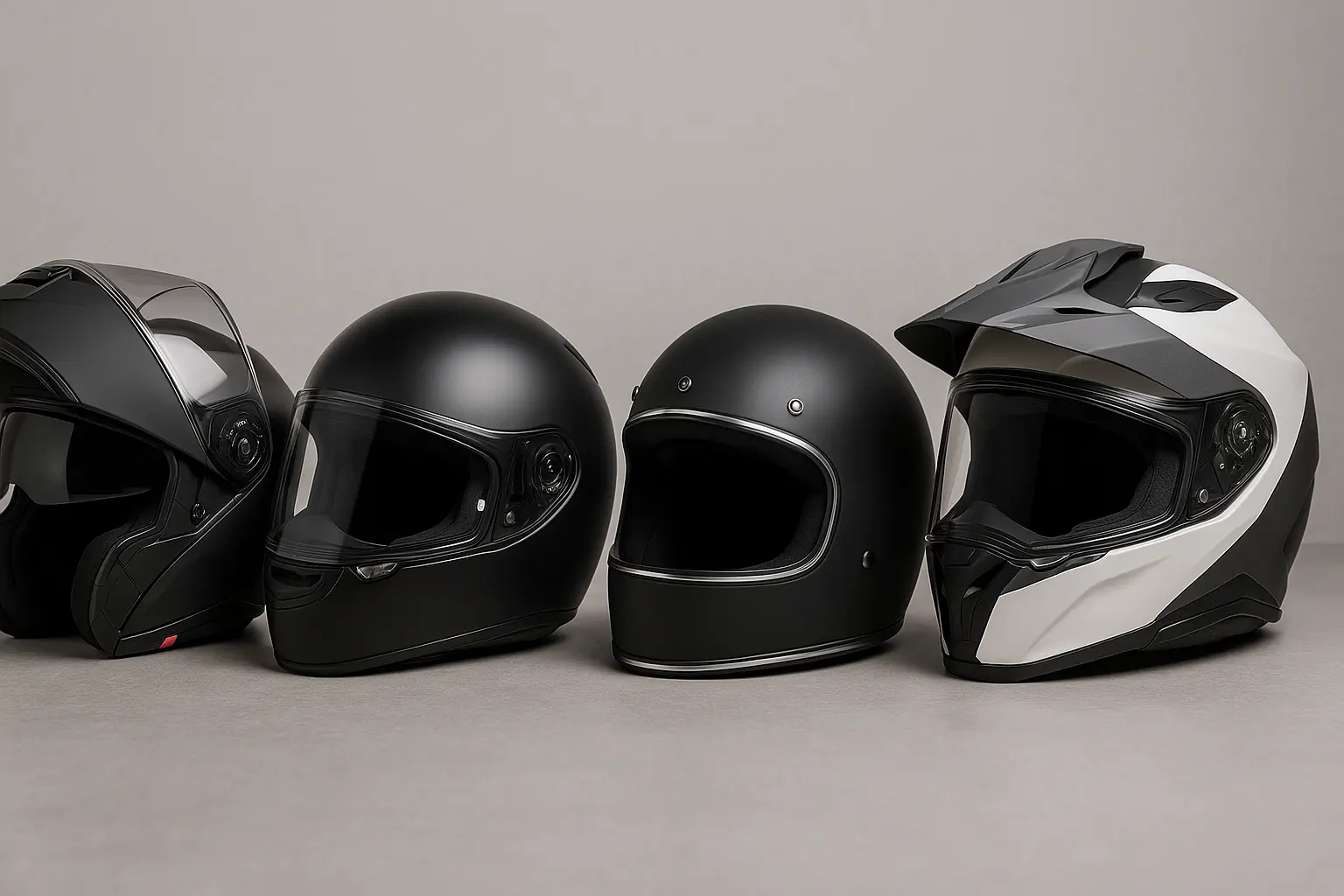 4 motorhelmen op een rij