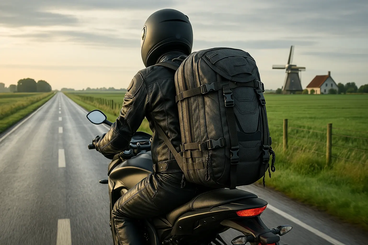 Man met motorrugzak rijdt door polder